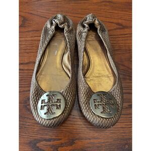 Tory Burch Gold/Brown Python Leather Embossed Reva Ballet Flats Size 7